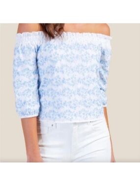miami Off-Shoulder White Top with Light Blue Floral Print
